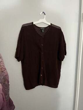 Style & Co. Woman Plus Size 2X Chocolate Brown Short Sleeve Open Knit Crochet Ca